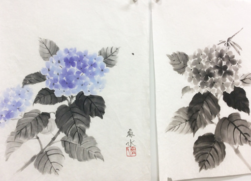 ６月烏丸日曜教室より『あじさい」: ーモノクロの芸術水墨画ー京都で 