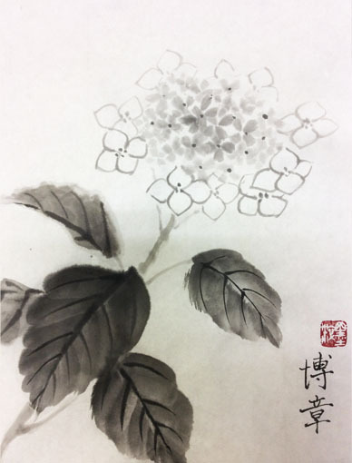 水墨画 在銘 花鳥図 紫陽花と雀 額装 あじさい 縦72㎝ 横85