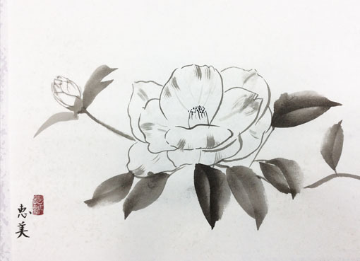 ４月阿南教室より「椿」: ーモノクロの芸術水墨画ー京都で水墨画を学 