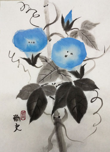 8月金曜夜間教室より「朝顔」: ーモノクロの芸術水墨画ー京都で水墨画