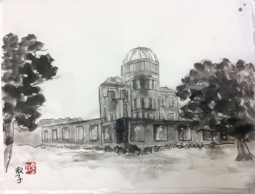 白い背景に日本の伝統的な建物。 墨絵の水墨画。」のイラスト