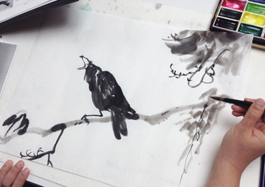 鶴モチーフ　水墨画　10/30まで 墨絵・水墨画】鶴の描き方 How to draw a crane.（はがき