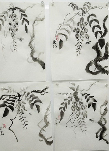 【真作】絵画　水墨画　藤の花　優雅な筆致　風情漂う墨の表現　伝統美術　W20 真作】絵画 水墨画 藤の花 優雅な筆致 風情漂う墨の表現 伝統