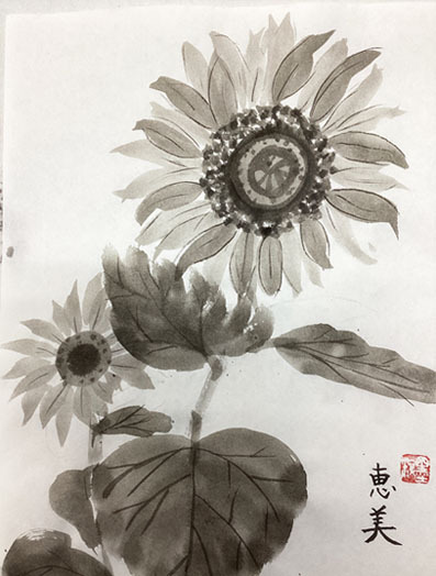 8月阿南教室より「ひまわり」: ーモノクロの芸術水墨画ー京都で水墨画