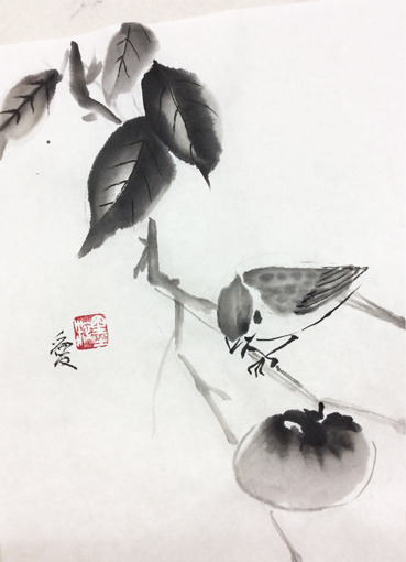 柿と雀」: ーモノクロの芸術水墨画ー京都で水墨画を学んでみませ
