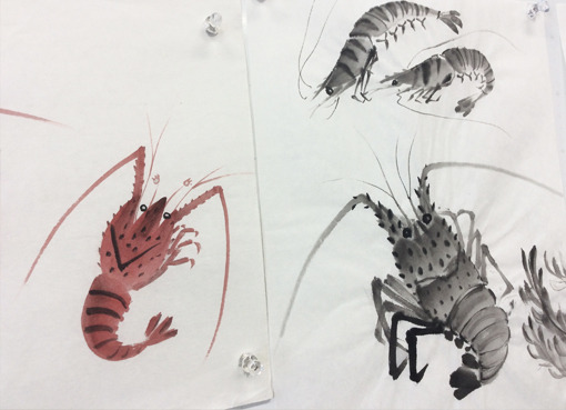 8月阿南教室より「エビ」: ーモノクロの芸術水墨画ー京都で水墨画を学