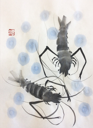 8月阿南教室より「エビ」: ーモノクロの芸術水墨画ー京都で水墨画を学