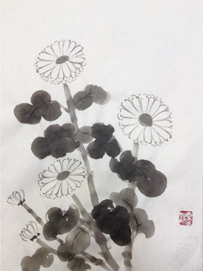 ２月土曜夜間教室より「菊」: ーモノクロの芸術水墨画ー京都で水墨画を 