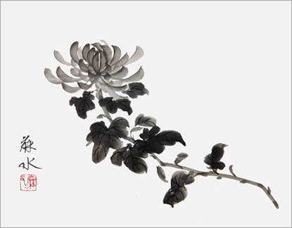 四君子「菊」のバリエーション: ーモノクロの芸術水墨画ー京都で