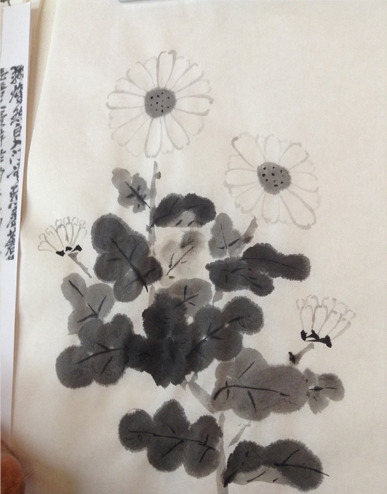 古い菊図水墨画 用賀教室（日曜と金曜）基礎クラス 菊を描く : 橙月水墨画教室