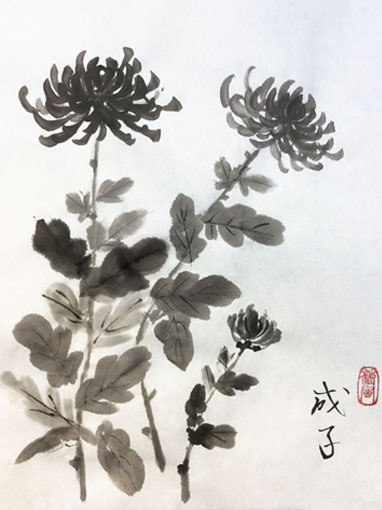 4月土曜夜間教室より「菊」2: ーモノクロの芸術水墨画ー京都で