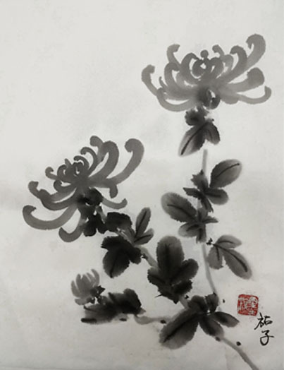 9月火曜教室より「菊」: ーモノクロの芸術水墨画ー京都で水墨画を学