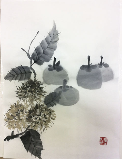 1月烏丸日曜教室より「栗・枇杷」: ーモノクロの芸術水墨画ー