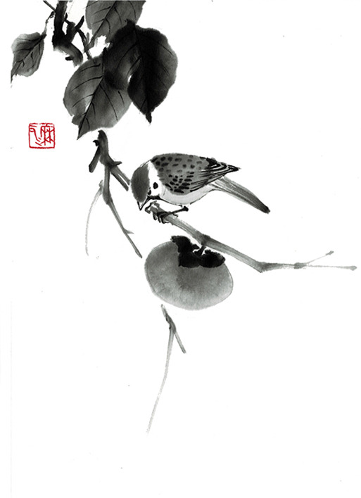 柿と小鳥 水墨画