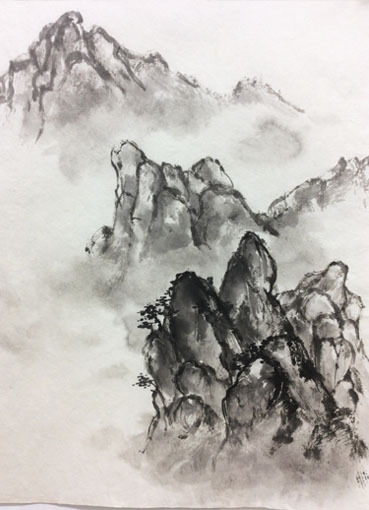オレンジと黒の水墨画 山 青柳大雲 『水墨山水』 色紙絵 絵画 日本画 風景 ネコポス メール便