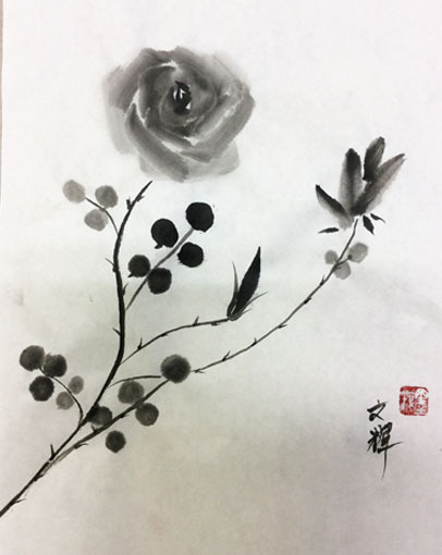 金曜夜間教室より「薔薇」の後半: ーモノクロの芸術水墨画ー京都で
