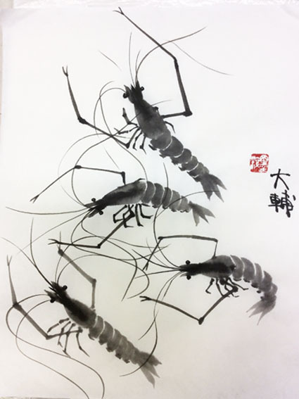 海老の水墨画　肉筆 海老の水墨画 肉筆