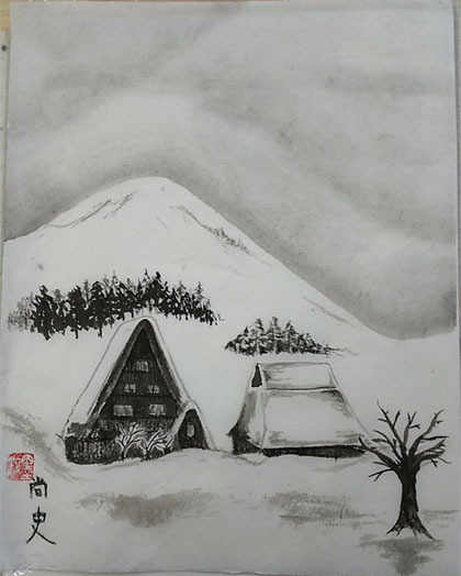 水墨画 雪景色の村　7月まで発送できません 7月金曜夜間教室より「雪景色」の続き: ーモノクロの芸術水墨画