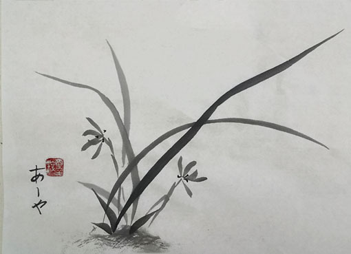 手描き☆水墨画☆春蘭☆額付き 絵画