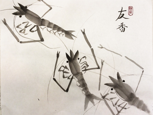 7月金曜夜間教室より「海老」: ーモノクロの芸術水墨画ー京都で水墨画