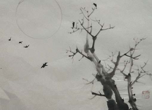 水墨画 木々と月の風景 水墨画 木々と月の風景 (絵画教室ブログ】2023年9月の水墨画