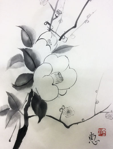 7月土曜夜間教室より「椿」: ーモノクロの芸術水墨画ー京都で