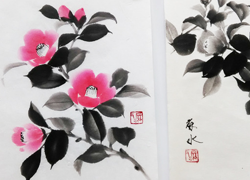 5月日曜教室より「椿」: ーモノクロの芸術水墨画ー京都で水墨画