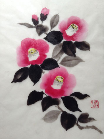 水墨画　「春色（椿）」　佐々木青洋 水墨画「春色（椿）」佐々木青洋