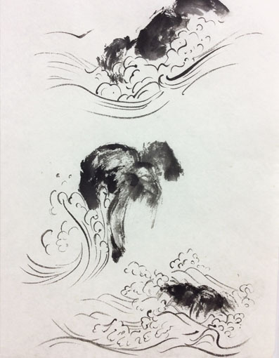 5月上級教室より「波・川」: ーモノクロの芸術水墨画ー京都で水墨画を