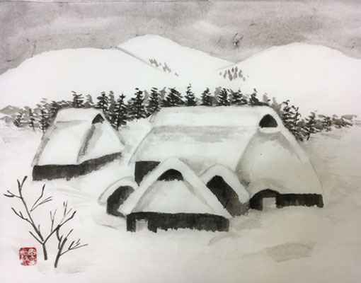 水墨画 雪景色の村 水墨画 雪の降る山村 | 嵐酔水墨画書道教室 東京・渋谷表参道