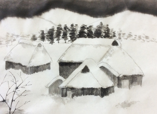 水墨画 雪景色の村　7月まで発送できません 7月阿南教室より「雪景色」古民家: ーモノクロの芸術水墨画ー京都で
